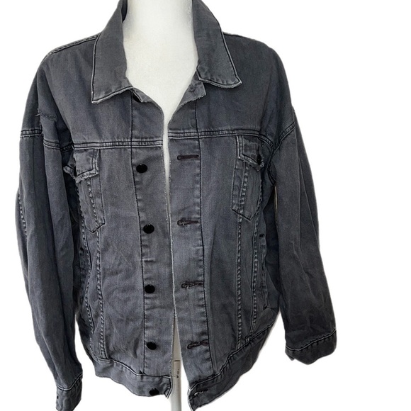 Free People  Denim Trucker Jacket Biker Y2K Button Gray Charcoal Coat M/L - Picture 1 of 11